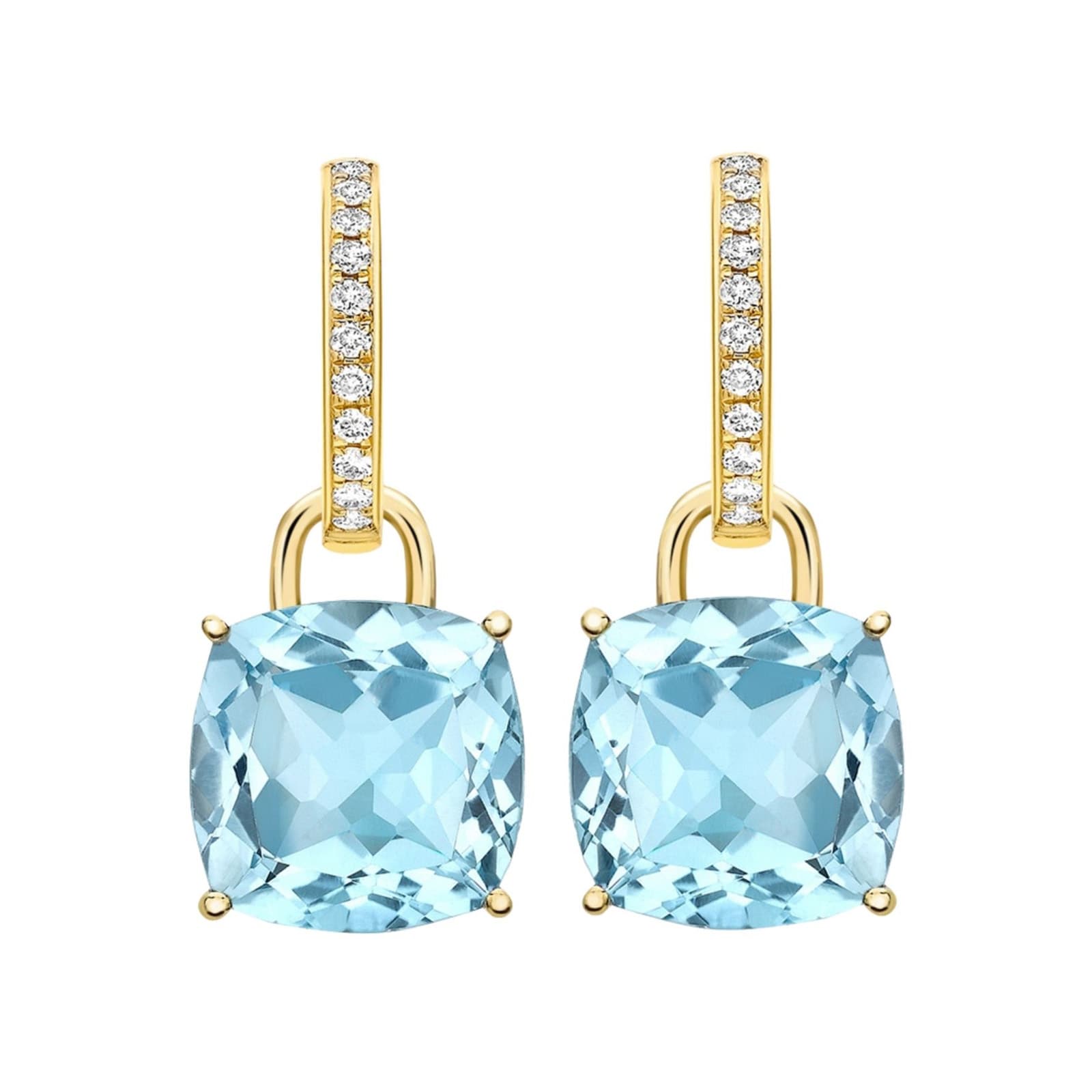 Kiki Classics 18ct Yellow Gold, Cushion Cut Blue Topaz & 0.13cttw Diamond Detachable Hoop Earrings