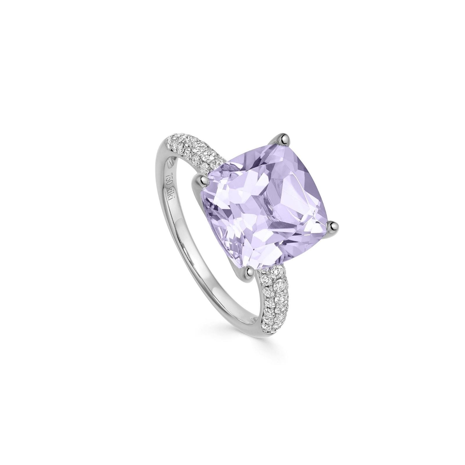 Kiki McDonough Kiki Cushion 18ct White Gold Tapered 0.35cttw Diamond Shoulders & Lavender Amethyst Ring Kiki McDonough Kiki Cushion 18ct White Gold Tapered 0.35cttw Diamond Shoulders & Lavender Amethyst Ring