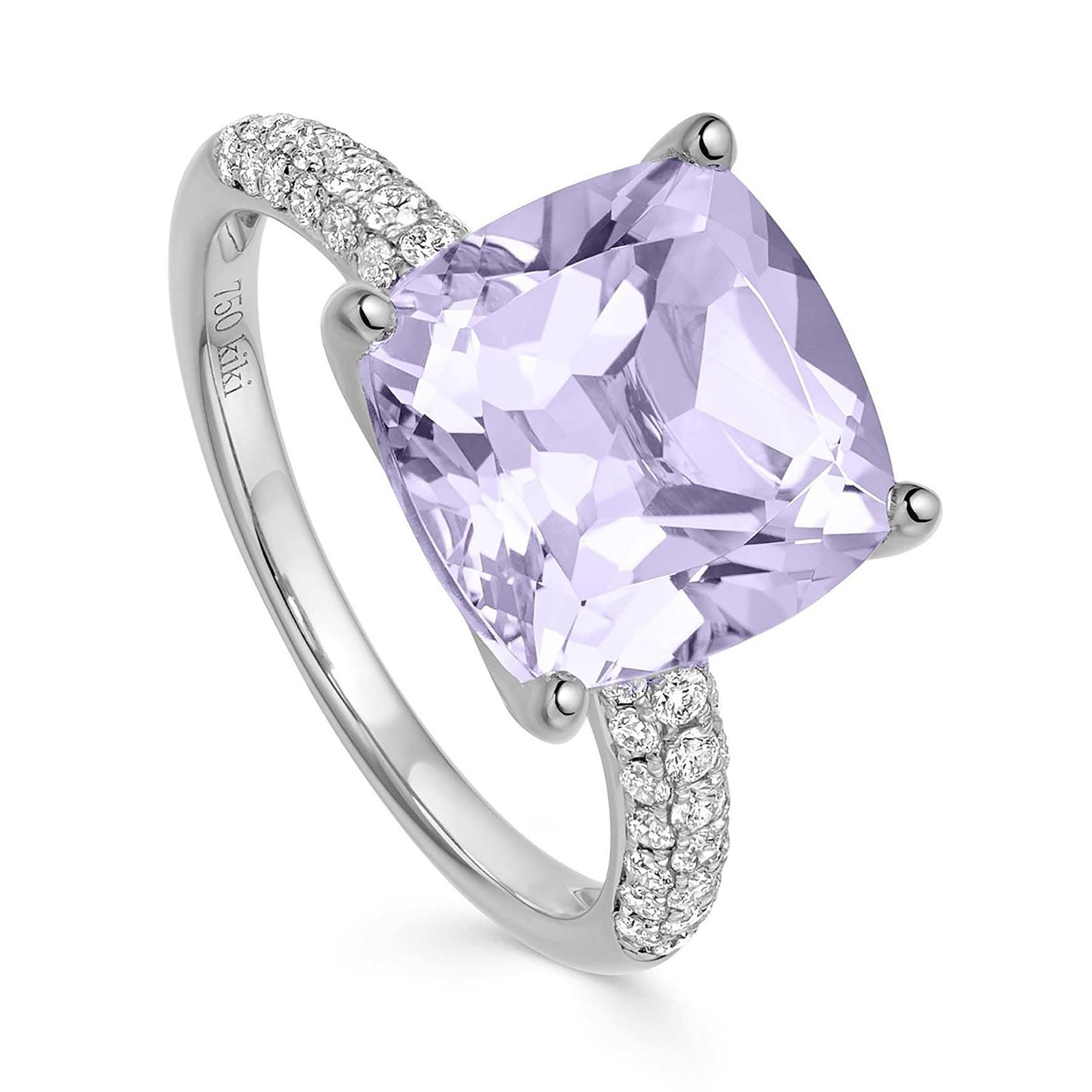 Kiki McDonough Kiki Cushion 18ct White Gold Tapered 0.35cttw Diamond Shoulders & Lavender Amethyst Ring