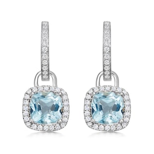 Kiki McDonough 18ct White Gold Mini Cushion Blue Topaz & 0.32ct Diamond Drop Earrings
