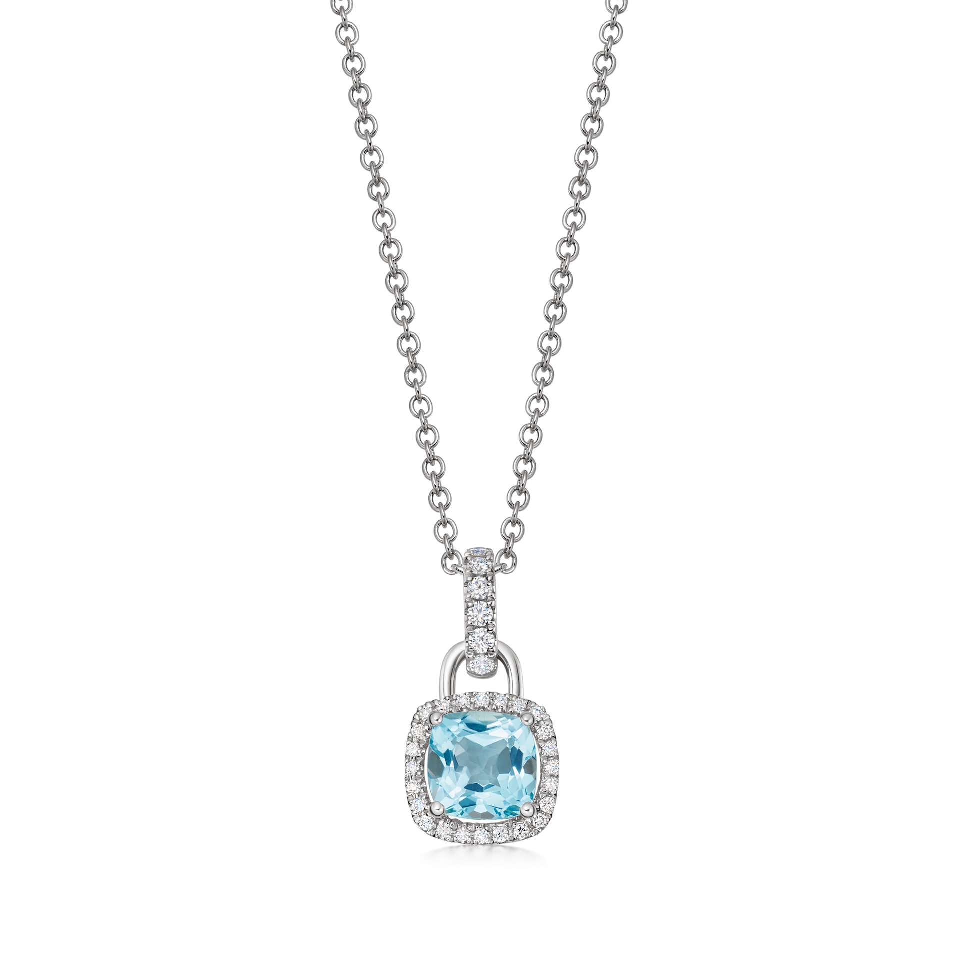 Kiki McDonough 18ct White Gold Mini Cushion Blue Topaz & 0.20ct Diamond Halo Pendant