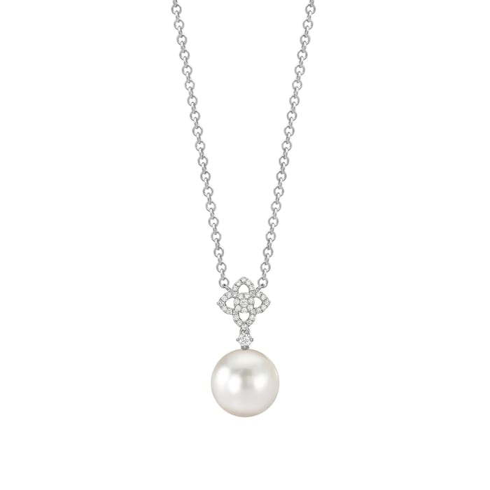 Kiki McDonough 18ct White Gold 0.16ct Diamond Flower & Pearl Necklace