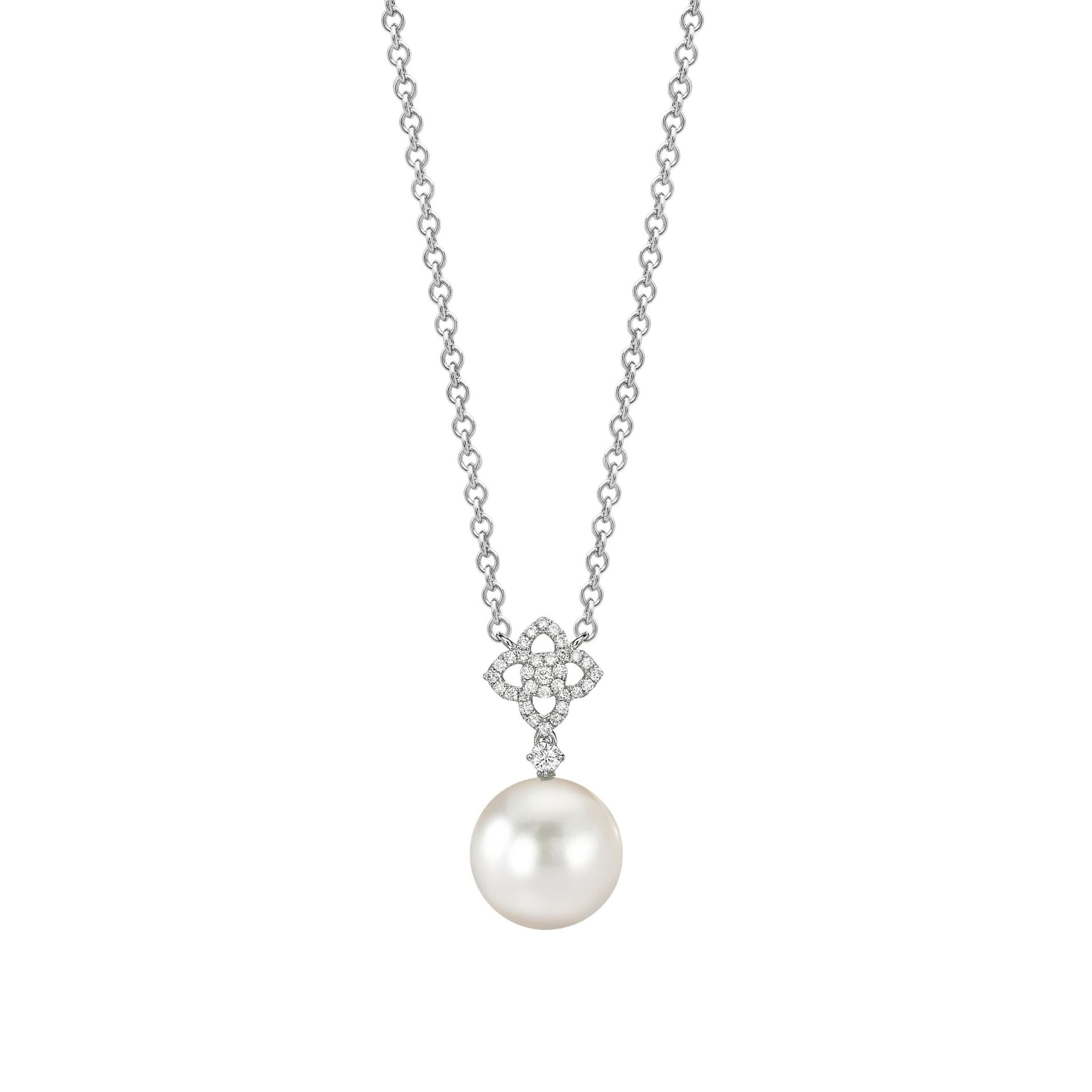 Kiki McDonough 18ct White Gold 0.16ct Diamond Flower & Pearl Necklace