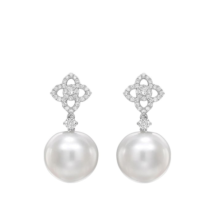 Kiki McDonough 18ct White Gold 0.30ct Diamond Flower & Pearl Drop Earrings
