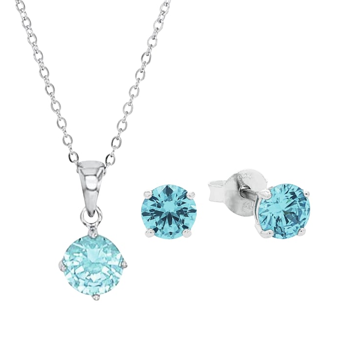 AMOR Silver Blue Stone Pendant Necklace & Earrings Set