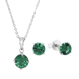 37970069 - Silver Green Stone Pendant Necklace & Earrings Set