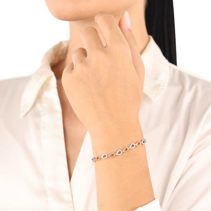 AMOR Silver Bi Colour Cubic Zirconia Figaro Chain Bracelet - 18cm