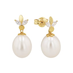 37970151 - 14ct Yellow Gold Cubic Zirconia & Pearl Drop Earrings