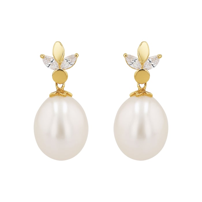 AMOR 14ct Yellow Gold Cubic Zirconia & Pearl Drop Earrings