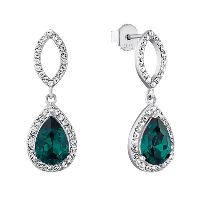 AMOR Silver Green Glass Stone Drop Earrings