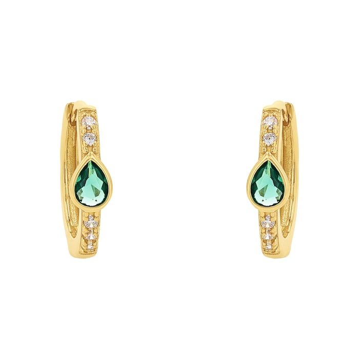 AMOR Yellow Gold Coloured Sterling Silver Green Glass Stone Hoop Earrings