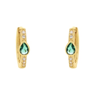 AMOR Yellow Gold Coloured Sterling Silver Green Glass Stone Hoop Earrings
