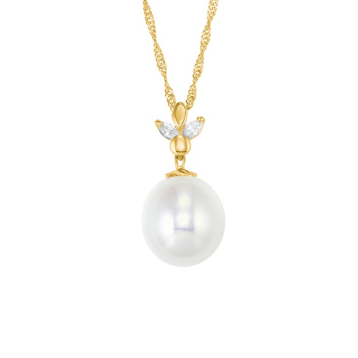 AMOR 14ct Yellow Gold Pearl & Cubic Zirconia Pendant Necklace