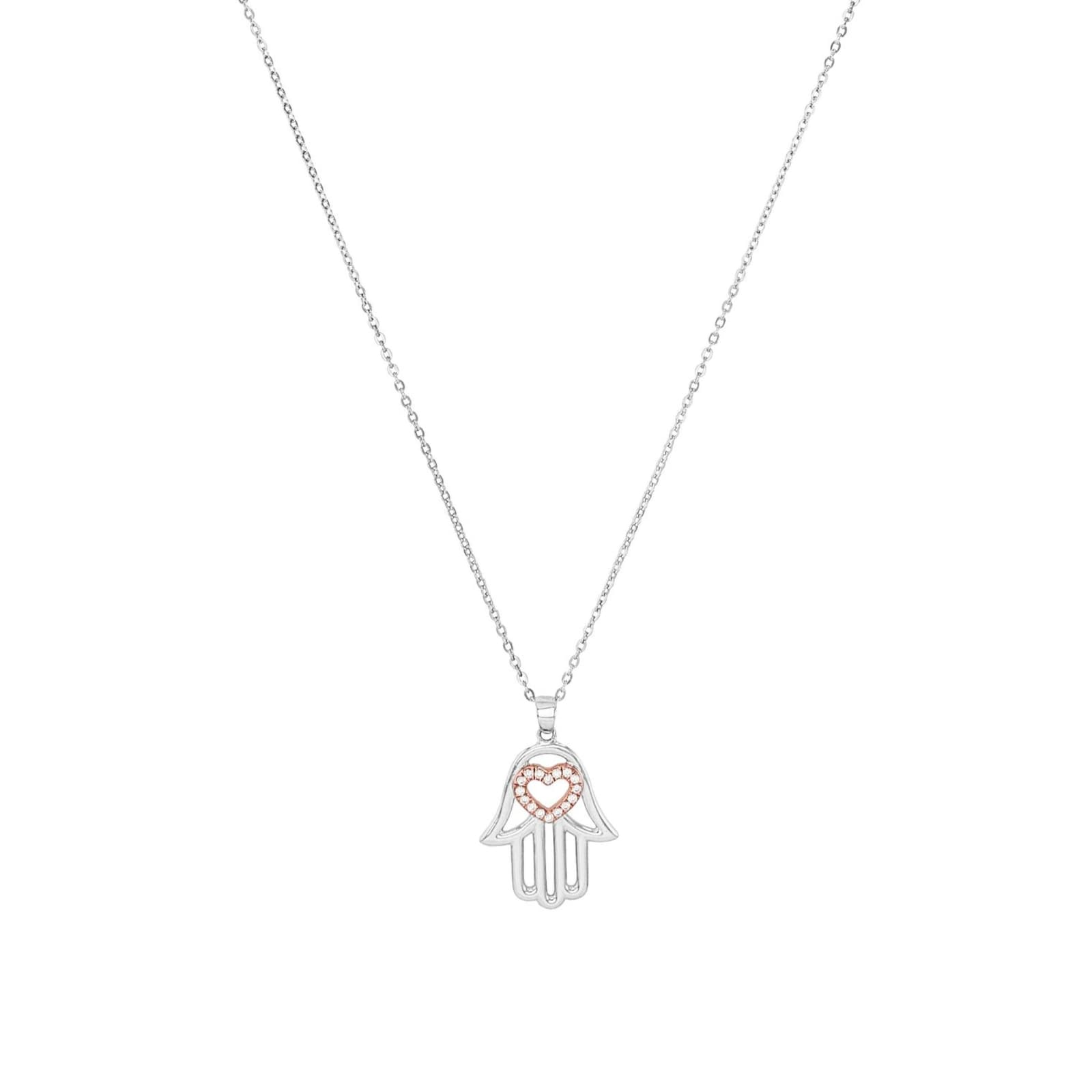 AMOR Silver Cubic Zirconia Heart & Hand Pendant Necklace