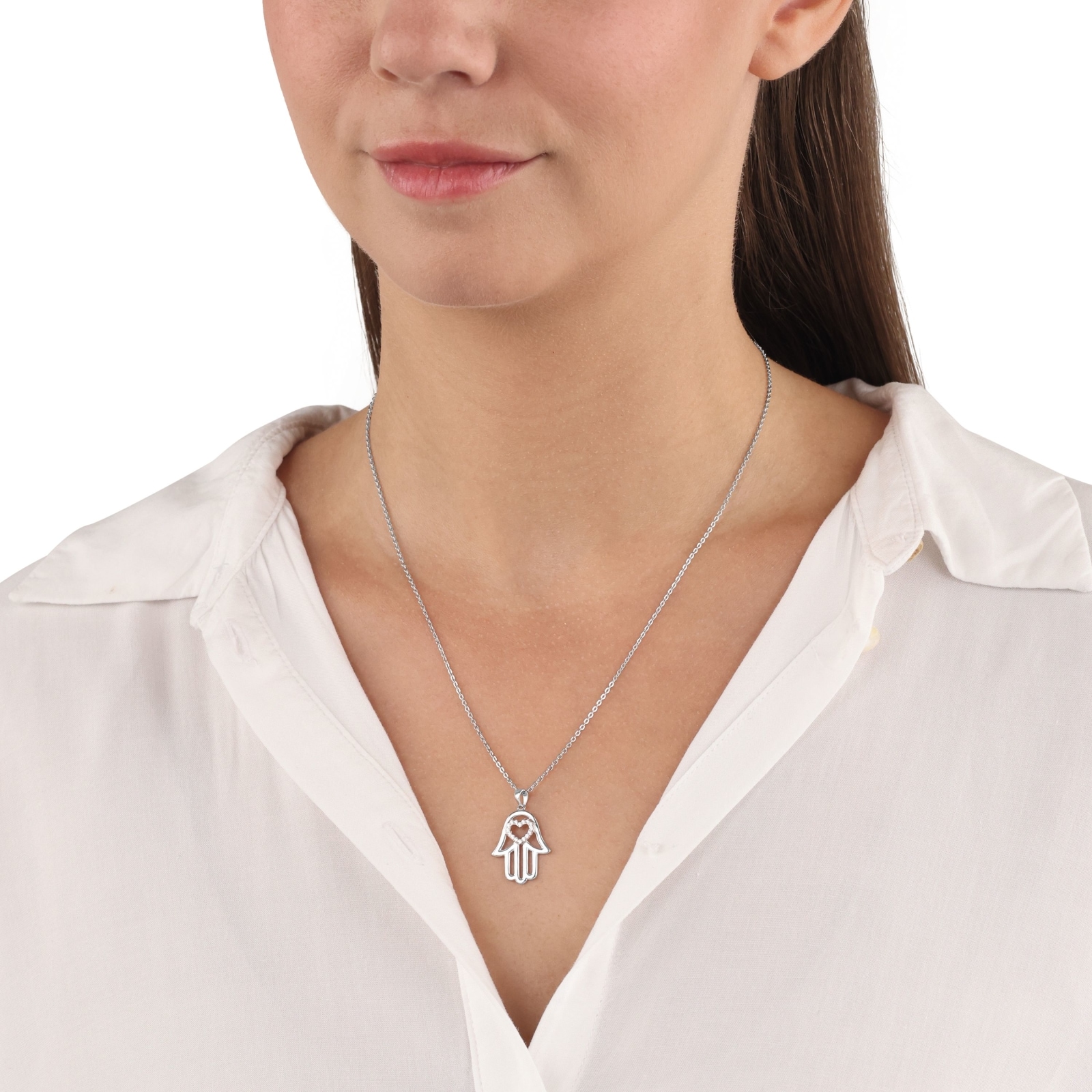 AMOR Silver Cubic Zirconia Heart & Hand Pendant Necklace AMOR Silver Cubic Zirconia Heart & Hand Pendant Necklace