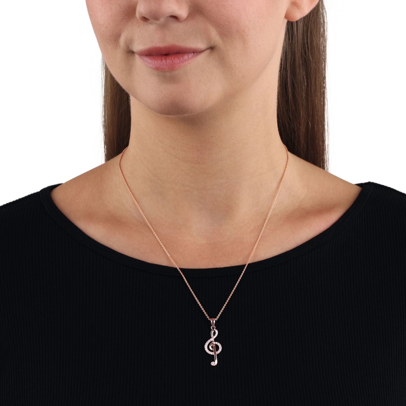 AMOR Rose Gold Coloured Sterling Silver Cubic Zirconia Music Note Pendant Necklace AMOR Rose Gold Coloured Sterling Silver Cubic Zirconia Music Note Pendant Necklace