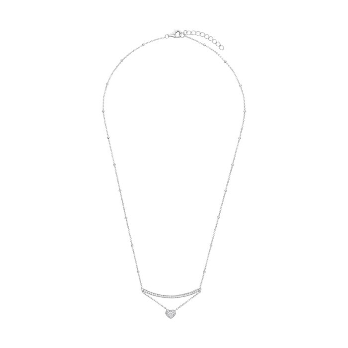 AMOR Silver Cubic Zirconia Bar & Heart Pendant Necklace