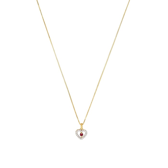 AMOR 9ct Yellow Gold Cubic Zirconia Red Stone Heart Pendant Necklace