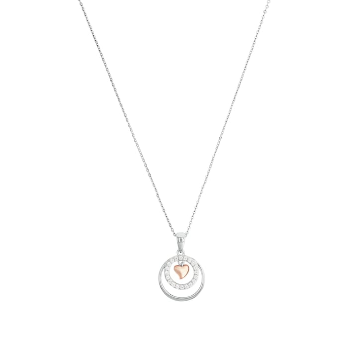 AMOR Silver Cubic Zirconia Heart & Double Loop Pendant Necklace