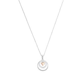 AMOR Silver Cubic Zirconia Heart & Double Loop Pendant Necklace