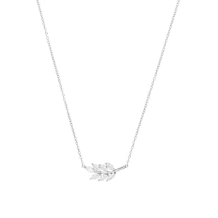 AMOR Silver Cubic Zirconia Leaf Bar Pendant Necklace
