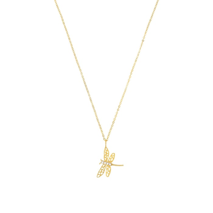 AMOR 9ct Yellow Gold Cubic Zirconia Dragonfly Pendant Necklace