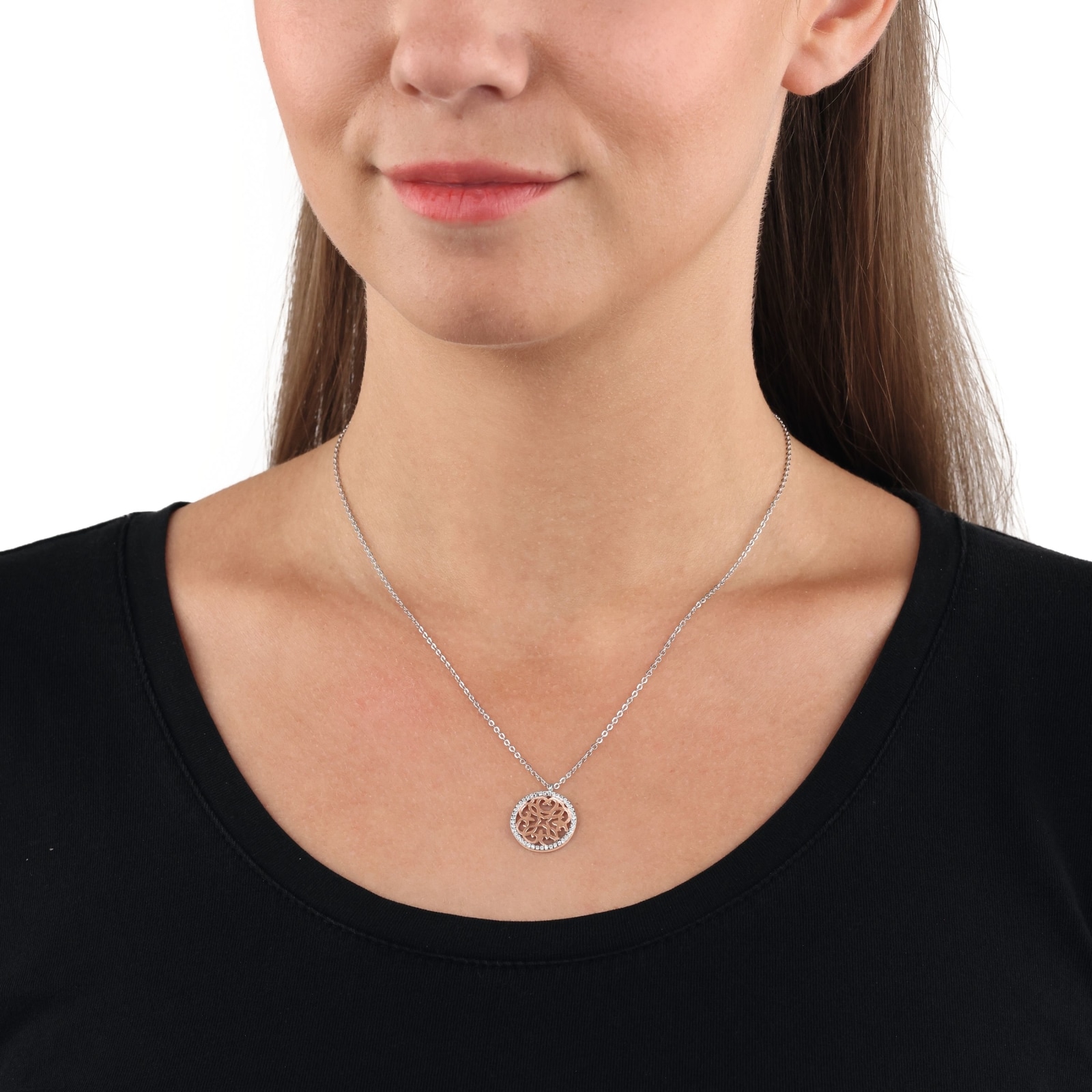 AMOR Silver Cubic Zirconia Floral Pendant Necklace