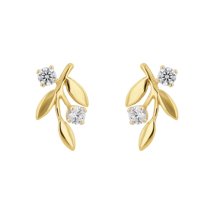 AMOR 14ct Yellow Gold Cubic Zirconia Leaf Stud Earrings