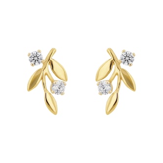 AMOR 14ct Yellow Gold Cubic Zirconia Leaf Stud Earrings