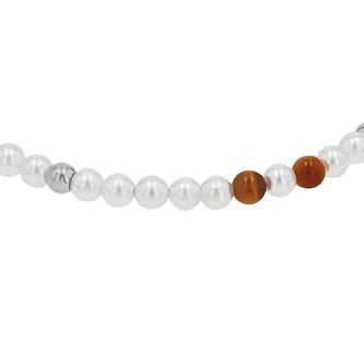 AMOR Stainless Steel Pearl & Tigers Eye Beaded Bracelet