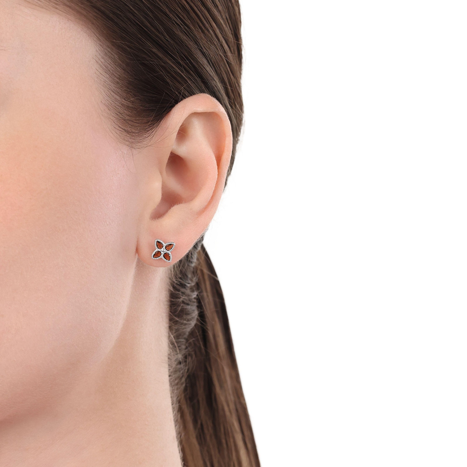 AMOR Sterling Silver Glass Stone Flower Stud Earrings