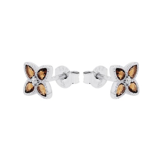 AMOR Sterling Silver Glass Stone Flower Stud Earrings