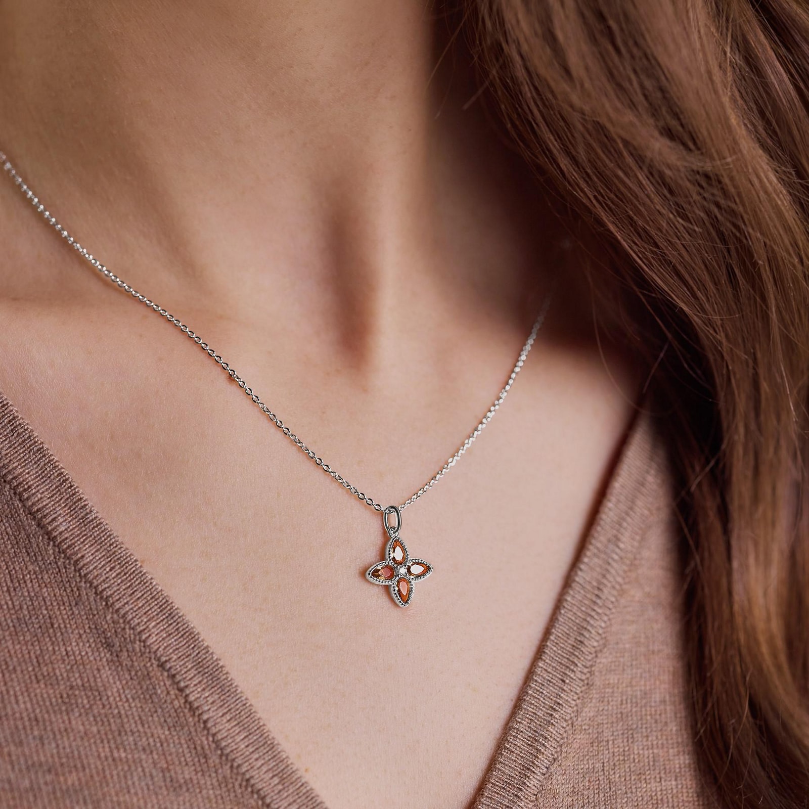 AMOR Sterling Silver Glass Stone Flower Pendant Necklace AMOR Sterling Silver Glass Stone Flower Pendant Necklace
