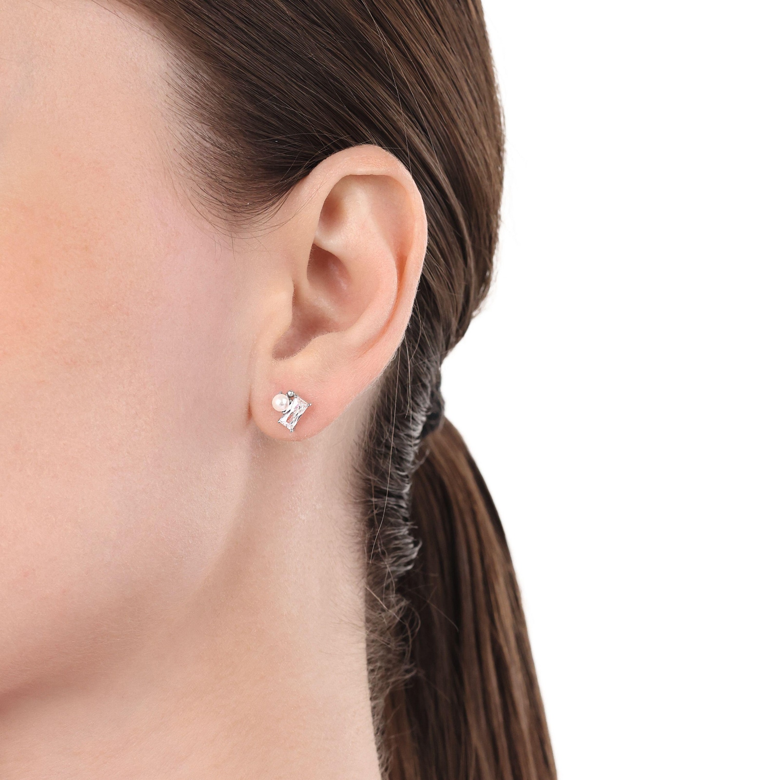 AMOR Sterling Silver Cubic Zirconia & Pearl Stud Earrings