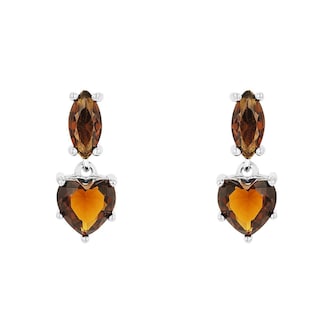 Amor Sterling Silver Brown Glass Stone Heart Drop Earrings