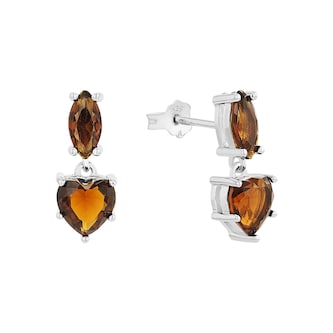 AMOR Sterling Silver Brown Glass Stone Heart Drop Earrings