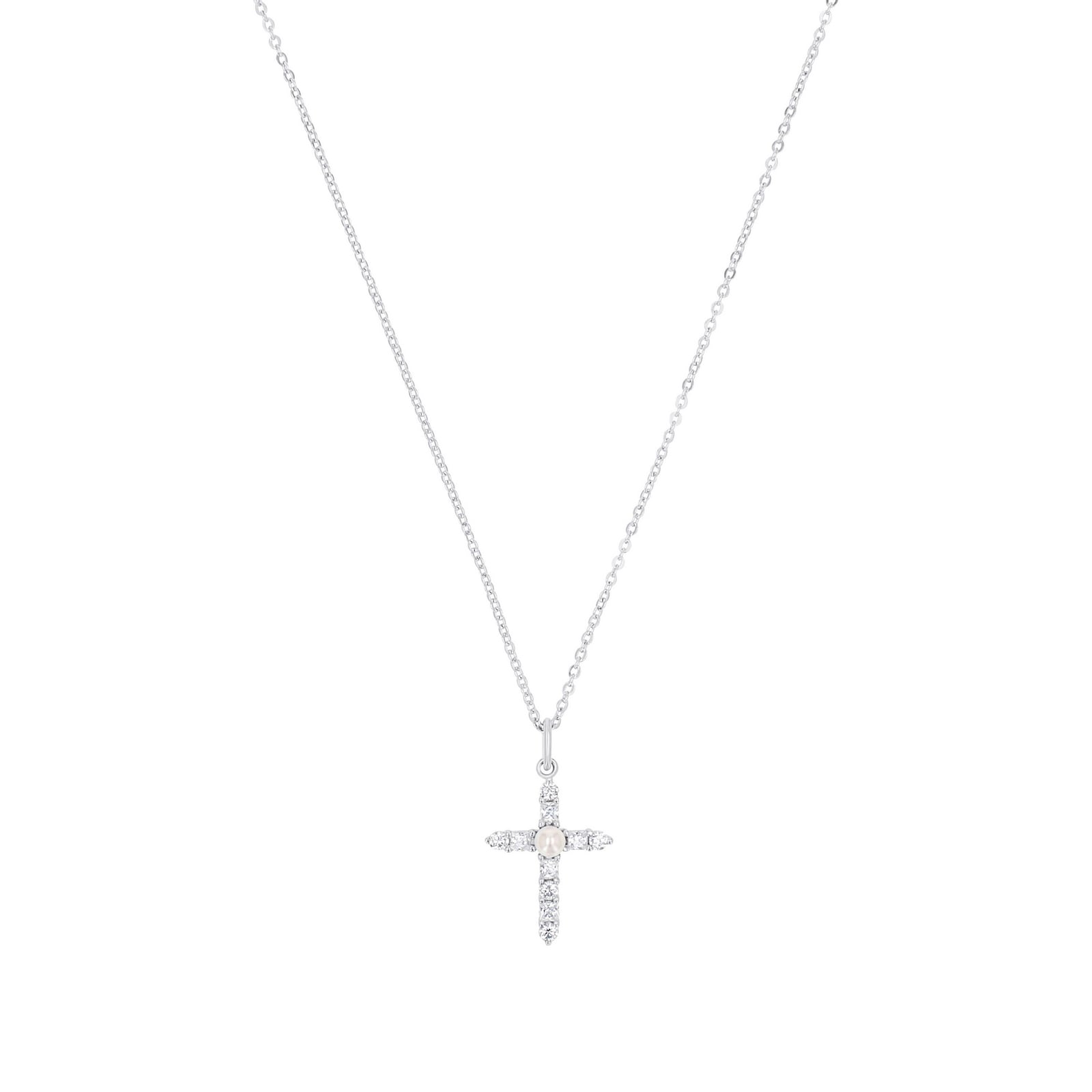 AMOR Sterling Silver Cubic Zirconia & Pearl Cross Pendant Necklace AMOR Sterling Silver Cubic Zirconia & Pearl Cross Pendant Necklace