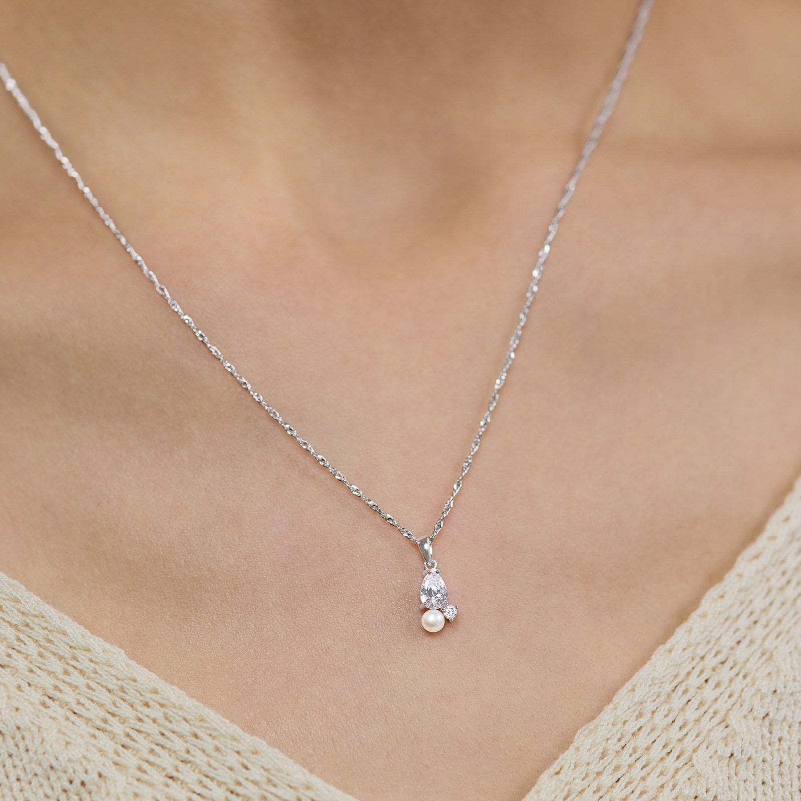 AMOR Sterling Silver Pearl & Cubic Zirconia Pendant Necklace