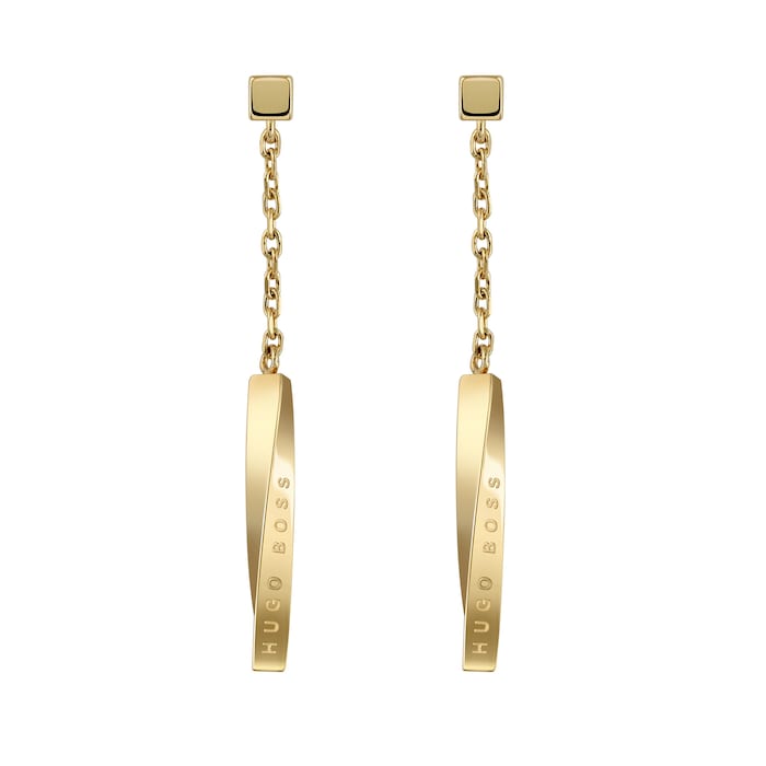 BOSS Signature Yellow Gold Coloured Drop Earrings