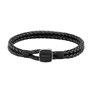 BOSS Gents BOSS Seal Black Leather & Stainless Steel Braided Bracelet