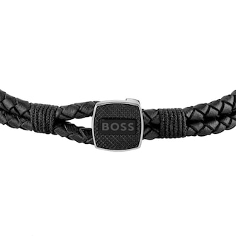 BOSS Gents BOSS Seal Black Leather & Stainless Steel Braided Bracelet
