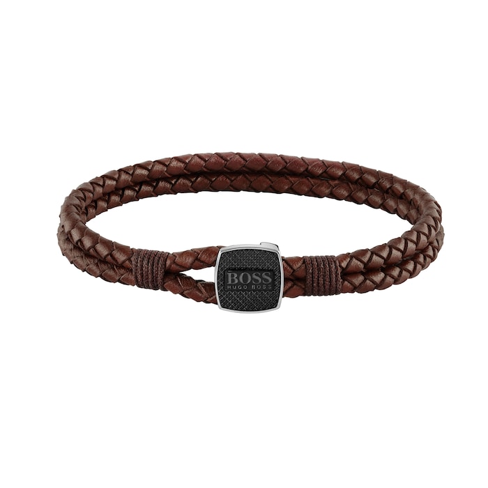 BOSS Gents BOSS Seal Brown Leather Braided Bracelet