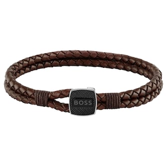 BOSS Gents BOSS Seal Brown Leather Braided Bracelet