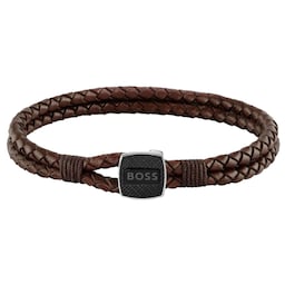 37990058 - Gents BOSS Seal Brown Leather Braided Bracelet
