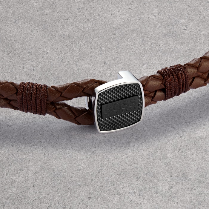 BOSS Seal Brown Leather Stainless Steel Bracelet