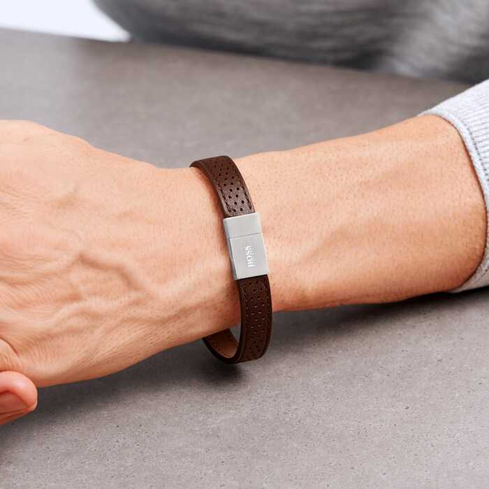 BOSS Essentials Brown Leather Bracelet