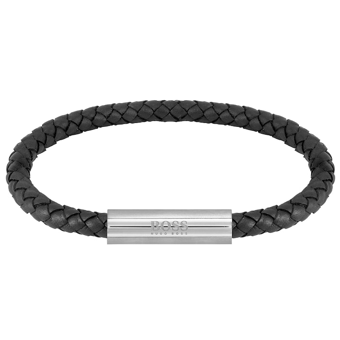 BOSS Braided Black Leather & Stainless Steel Bracelet