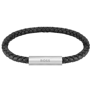 BOSS Gents BOSS Black Leather 
Stainless Steel Braided Bracelet