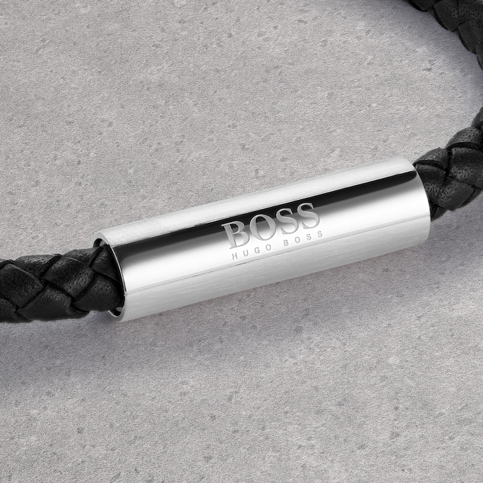 BOSS Gents BOSS Black Leather & Stainless Steel Braided Bracelet