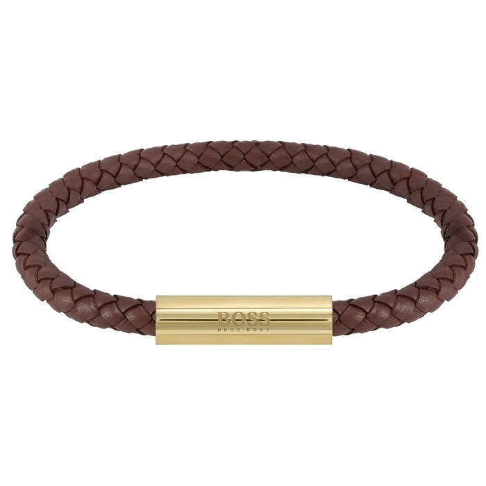 BOSS Braided Leather Brown Gold Coloured Bracelet